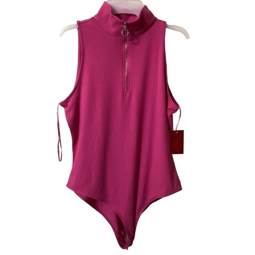 Fushia Pink Zip Front Mock Turtleneck Bodysuit XL